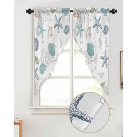 Epetloutys Summer Coastal Swag Curtain Valances for Windows, Teal Shell Starfish Nautical Beach Swag Kitchen Curtains for Living Room/Bedroom, Ocean Coral Tier Window Treatments 2 Panels, 28 x 36 Inch