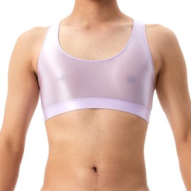 GENEMEN Mens Crop Top Glossy Sports Bras Y Back Workout Tank Top Undershirt Sleeveless Vest Sheer Shirt (Lilac, 2XL)