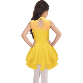 JEATHA Kids Girls Rhinestones Sleeveless Mock Neck Asymmetrical Hem Leotard Ballet Dress Lyrical Dance Costume Yellow 8 Years