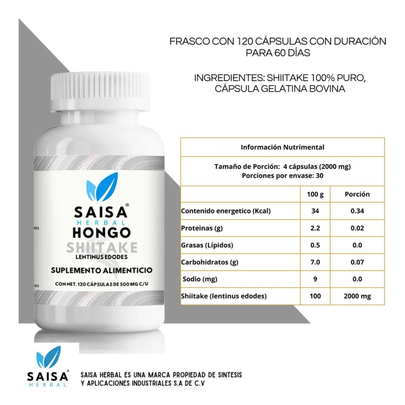Hongo Shiitake Orgánico Con 120 Cápsulas Saisa Herbal Sabor Sin