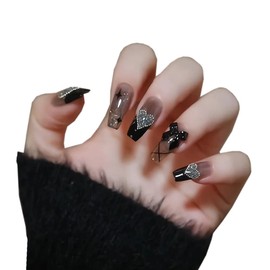 YINKE Nail Tips, Long, 24 Pieces, Black, Coming of Age Ceremony, Unique Design, Trapezoid Style, Black Dark Night, Starry Sky, Women's, Stylish, Advanced, Nail Wrap