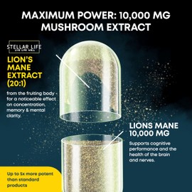 Lions Mane Supplement 10000mg High Strength Mushroom with 500 Million Probiotic Cultures | 20:1 Fruiting Body Extract | 50% Polysaccharides | 30 Vegan Capsules | Made in UK