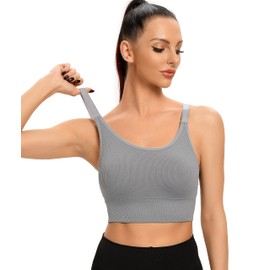 ANGOOL Sports Bra Women's Strong Hold Push Up Adjustable Shoulder Strap Sports Bustier Women's Padded Seamless Ribbed Sports Bras Without Underwire Jogging Yoga Fitness, Black + grey