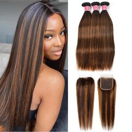 Straight Brown Highlight Bundles with Closure Human Hair,10A Ombre Highlighred Colored 1b/30 Black and Brown Weave Bundles with Closure 100% Brazilian Hair 18 20 22+18inch