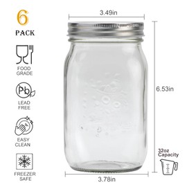 Flrolove Mason Jars,32 OZ Canning Jars with Lids,Glass Jars with Airtight Lid,Mouth Mason Jars 6 Pack for Food Storage,Overnight Oats,Dry Food,Snacks,Candies,Jam,Honey,Jelly