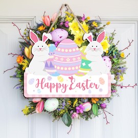 Wooden Easter Decoration Door Wreath for Front Door Sign Wall Signs Rabbit Spring Decoration, Bunny Sign Flower Egg Welcome Hanging for Home Wall Decor Party Outdoor Indoor Supply Happy Easter (Pink)
