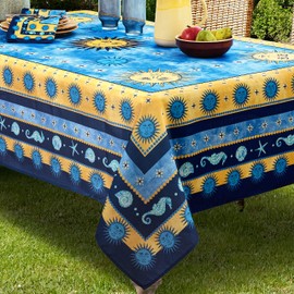 Home Bargains Plus Celestial Provence - Mantel de tela con bordes de diseño solar, resistente a las manchas y al agua, mantel de Provenza francesa sin arrugas, 132 x 177 cm, rectangular/rectangular
