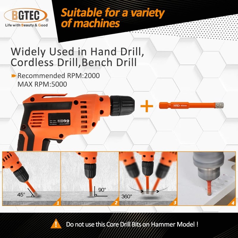 BGTEC Dry Diamond Drill Bits 2pcs 1/4" with Quick Change