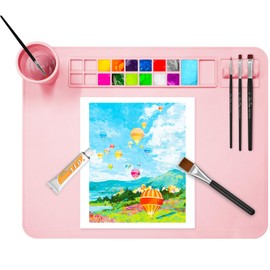 OSDUE Silicone Painting Mat, 20" x 16"Silicone Art Mat with Cup Silicone Mats for Crafts - Thick Large Silicone Artist Mat w/Cup and Raised Edge for Painting, DIY, Drawing, Clay and Play Doh - (Pink)