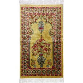 Modefa Turkish Islamic Luxury Prayer Carpet - Plush Velvet Kilim Prayer Rug - Traditional Muslim Sajadah - Thick Janamaz for Men & Women - Ramadan or Eid Gift - Floral (Gold)