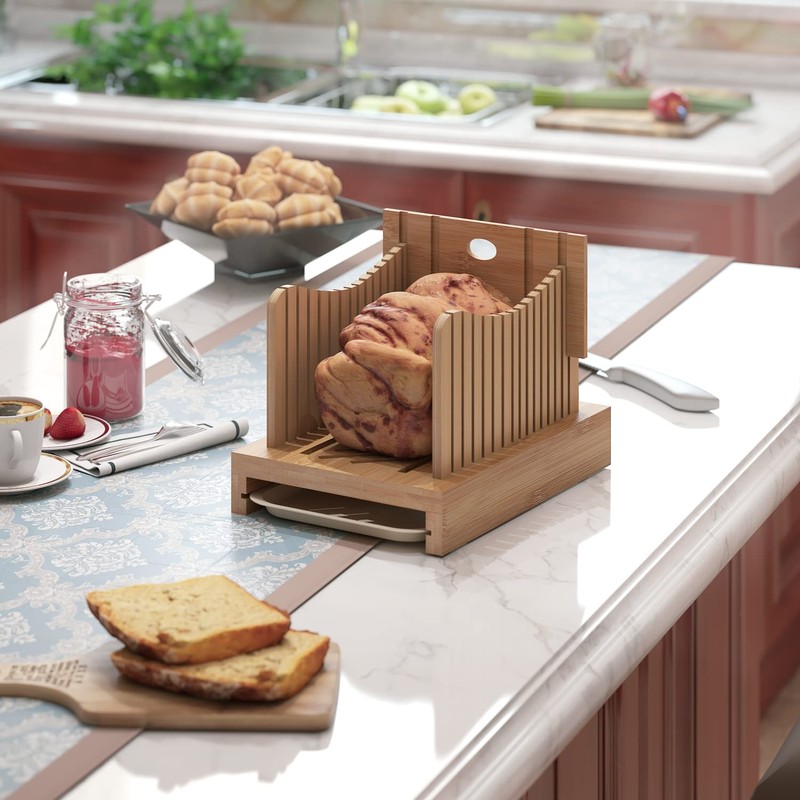 Bamboo Bread Slicer - Adjustable Width Guides. Sturdy Wooden Cutting