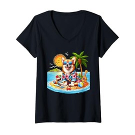 Womens Corgi Sunglasses On Beach Costume Summer Vacation Traveling V-Neck T-Shirt
