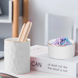 Aesthetic Desk Accessories Set of 2 For Your Office Desk Decor - Sturdy Concrete Desktop Accessories For Women or Men Enhance Any Office Decor - Set incl. Pen Holder, Paperclip Storage (white)