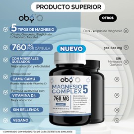 Oby Magnesio Complex | 5 MAGNESIOS: Citrato de Magnesio, BisGlicinato de Magnesio, Treonato de Magnesio, Gluconato y Taurato | Alta Absorción - Con Minerales Quelados, Camu Camu y Vitamina D3 | 760mg por cápsula | 65 Cápsulas