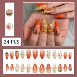 Fall Glitter Gold Foil Press on Nails Long Almond Fake Nails Gradient Orange with Maple Leaf Design Rhinestone False Nails Glossy Autumn Acrylic Stick on Nails for Women Thanksgiving Manicure 24Pcs