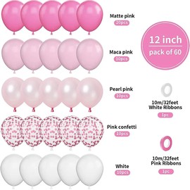 60Pcs/Pack Pink Latex Balloons Set, Pink and White Birthday Decoration, Metallic PInk Confetti Balloons for Girl Women Birthday Wedding Party Decor