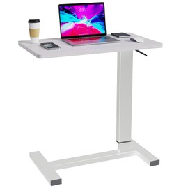 Xankzi Overbed Table with Swivel Hidden Wheels Adjustable Height, Pneumatic Mobile Standing Desk Laptop Bedside Table Multi-Purpose for Home and Hospital Use (27''L x 15''W, White)