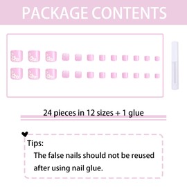 Stick on Toenails 24pcs, False Toe Nails Glitter Pink with Flower Patterns, Short Square False Nails with Glue for Toes Comfortably Wore in Socks and Shoes, French Tip Toe Nail