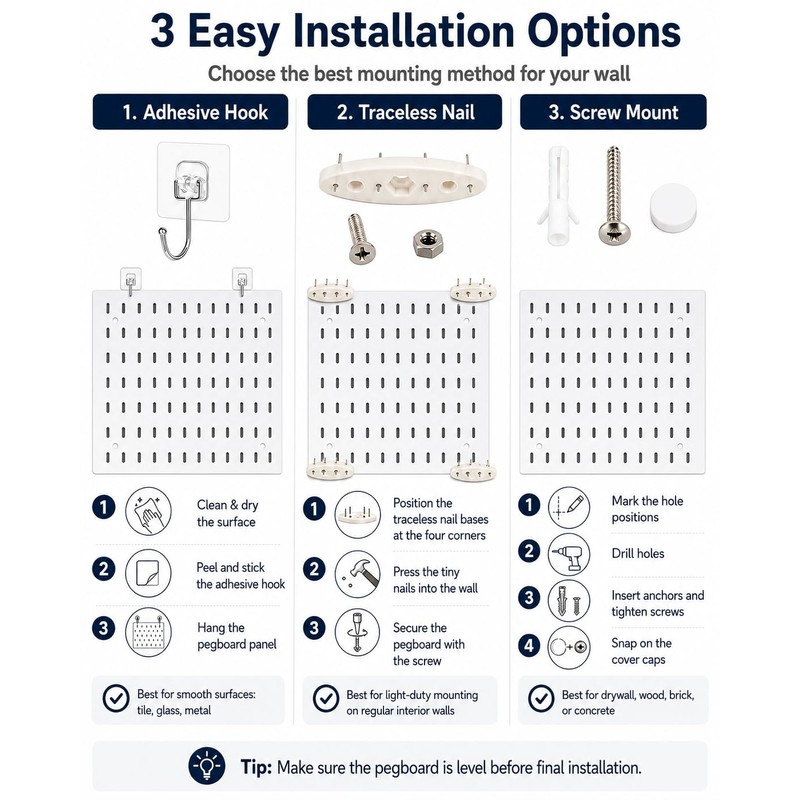 PSLER 22"×22" White Pegboard Kit with 17 Accessories, Garage Office
