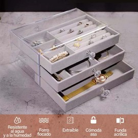 Organizador acrílico para joyas, joyero transparente con 3 cajones, joyero apilable de terciopelo, joyero multifuncional para pendientes, anillos, collares, relojes, etc, regalo para mujer (Gris)