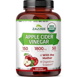 Zazzee USDA Organic Apple Cider Vinegar, With the Mother, 1800 mg per Serving, 150 Vegan Capsules, 50 Day Supply, Fermented ACV, Digestive Support Formula, All-Natural, Non-GMO, Made in the USA