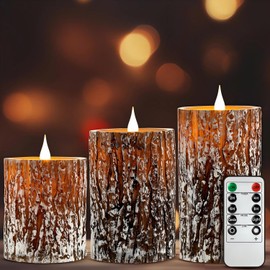Tidomate Flameless Candles with Realistic Pine Bark Shape, Battery Operated Candle with Remote, Warm Light, 3D Wick, Electric Candle with Timer, Pillars for Christmas Centerpiece Decor, Set of 3