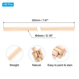 PATIKIL 1/6x7.87inch Wooden Dowel, 80 Pcs Dowel Rod Wood Dowels Wood Sticks Unfinished Round Hardwood for Crafts DIY Home Decor 4mm x 200mm