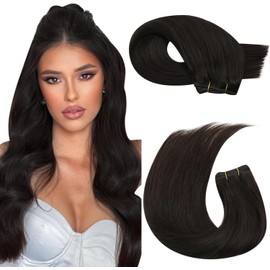 Moresoo Brown Weft Human Hair Extensions Darkest Brown Sew in Hair Extensions Human Hair for Short Straight Hair Brown Hair Extensions Weft for Women 100g 1pack 14inch