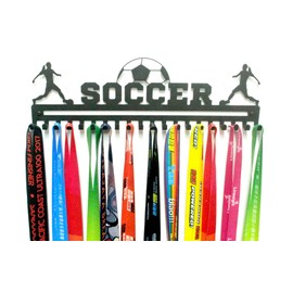 URBN Unique Metal Wall Mount 'Soccer' Sports Medal Hanger and Lanyard Ribbon Display Holder Rack with 20 Easy Hanging Hooks & Simple Install, Great Gift for Kids (Girl) - Black