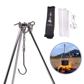 Rayeeley Portable Mini Camping Tripod Campfire Cooking Dutch Oven Tripod Adjustable Tripod Cooker Campfire Grill Stand Tripod Set Cooking Lantern Hanging Pot Holder with Storage Bag