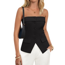 ZESICA Women's 2025 Trendy Strapless Blazer Vests Summer Dressy Tube Vest Tops Elegant Clothes,Black,Medium