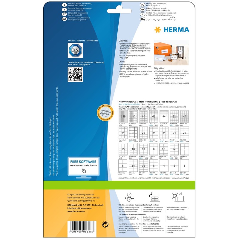 HERMA 8638 Adressetiketten, 10 Blatt, 70 x 36 mm, 24