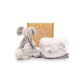 Baby Box Shop - 6 Baby Essentials for Newborn Baby Unisex, Ideal Baby Shower Gifts & Christening Gifts, Includes a Baby Comforter, Grey Hooded Baby Towel, Muslin Cloth, Bodysuit, Bib & Socks