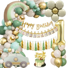 Birthday Decoration 1 Year, Decoration 1st Birthday Boy Girl, Green Gold Balloons 1st Birthday, 1 Birthday Decoration Boy Girl, Happy Birthday Garland Month Photo Banner for Children's Birthday