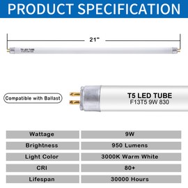 Wesome Lighting 8 Pack 21 Inch F13T5/WW LED Replacement Bulbs, 3000K Warm White, T5 LED 9 Watts Replace Fluorescent Bulb with LED, Replacement Tube for Counter and Cabinet Fixture