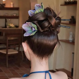 Rannyrena Bohemian Hawaiian Flower Hair Pin for Women Artificial Lily Flower U-Shaped Hair Pins for Updo Bun Bridal Beach Seaside Party Hair Accessories (Purple+Green)