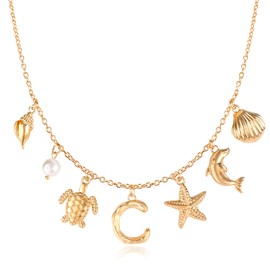 Initial C Charm Necklace For Women, Boho Gold Summer Beach Surfer Letter Necklace Starfish Seashell Pearl Turtles Dolphin Charms Pendant, Trendy Pendant Alphabet Choker Necklace Jewelry Gifts