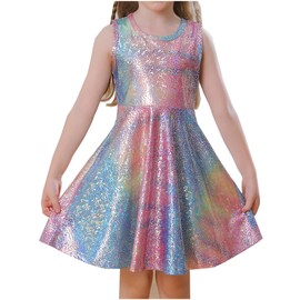 Little Girls Sparkly Rainbow Twirly Dress Unicorn Obsessed Birthday Dress Gifts for Special Princess Party Dress, Unicorn, 5-6 Years