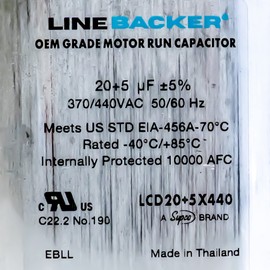 Supco Capacitor Oval Dual Run 20 + 5 uf 370/440 Volts for HVAC Motors Compressors LCD20+5X440 Linebacker