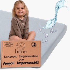 Bisoo The Magic Sheet 24x49 in / 60x125 cm - Fully Waterproof Fitted Sheets 2in1: Jersey Cotton Bed Sheet & Mattress Protector for Cot Beds and Cribs - Soft, Breathable, Silent, Oeko-Tex, Gray