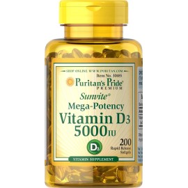 Puritan's Pride VITAMIN D3 Mega Potency PURITANS PRIDE 5000 IU Immune Supplement 200 Softgels