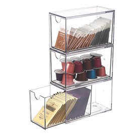SUMNACON 3 Pack Acrylic Tea Bag Drawer Organizer, Clear Stackable Coffee Capsules Container Countertop Drawer Design Tea Packet Storage Holder Kitchen Spice Packet Storage Organizer (No Tea Bag)