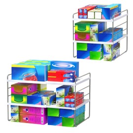 YAN & HIN Title 2 Pack Expandable Cabinet Organizer Shelf, 3-Tier Kitchen Cabinet Organizer for Tupperware & Food Container Storage, Adjustable Pantry Shelf Organizer for Bottles, Lids & Countertop