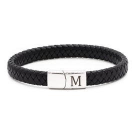 HAYOUWAY Mens Leather Bracelet with Initials Letter A-Z Bracelets for Women, Braided Leather Bracelet with Engraved Stainless Steel Magnetic Clasp Black Leather Bracelet Jewelry Gifts for Men Boys