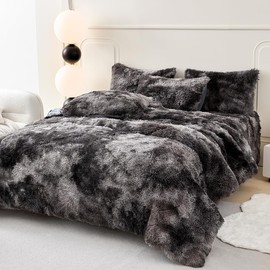 PERFEMET 3 Pcs Dark Grey Fluffy Faux Fur Comforter Full Size Plush Shaggy Tie Dye Bedding Sets Ultra Soft Long Hair Flannel Fuzzy Comforter for Kids Teens(Dark Grey, Full)