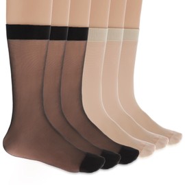 6 Pair Sheer Nylon Ankle Socks for Women Black Apricot Nude Crew Stocking Ultra Thin See Through Calf High Socks for Women