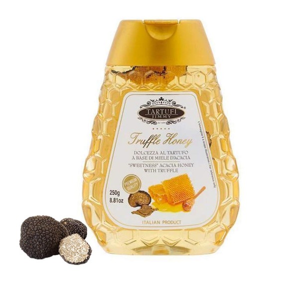 Superior Acacia Honey with Dried Summer Truffle 100% Pure [Rich in Vitamins and Organic Acids, Gluten- free, Healthy Sweetener, Energy Booster,Dripping Honey, Squeeze Bottle] Miel Trufas Net Weight: 8.81oz/250gr - by Tita Italian
