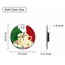 Green Red Beige Coffee Wall Clock 10 Inch Battery Operated Italy Espresso Cappuccino with Italian Flag Clock Silent Non-Ticking Modern Clocks Decorative for Home Kitchen Living Room Bathroom Office