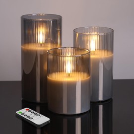 Eywamage Smoke Grey Flameless Candles with Remote, Ribbed Glass LED Pillar Candles Flickering Real Wax, Set of 3