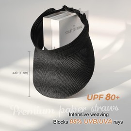 FURTALK Womens Sun Visor Hat Straw Sun Visors for Women Summer Packable Ponytail Beach Hats for Women Travel UPF 80+ A Black
